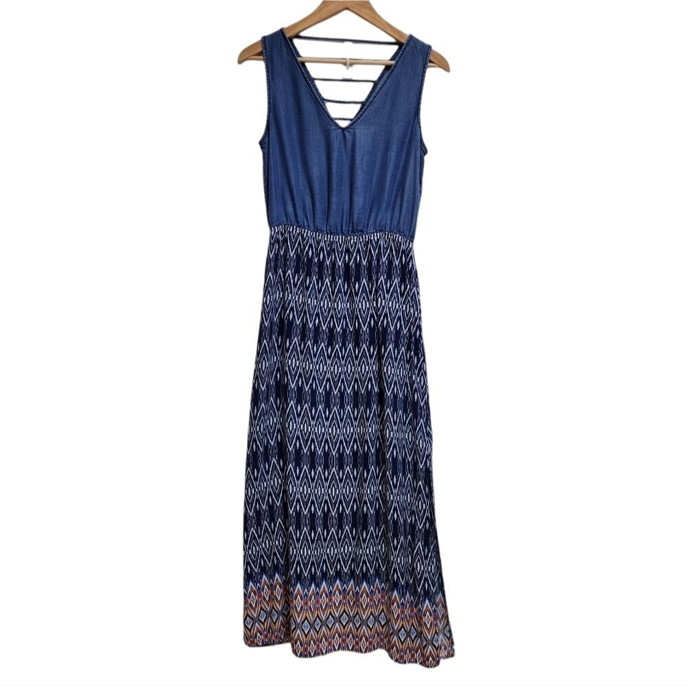 Bluet Dress Womens Size 10 Blue Multicolor Tencel Ikat Sleeveless V Neck Maxi